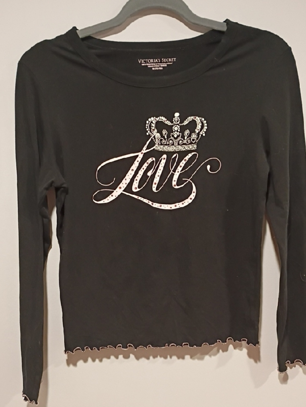 Victoria's Secret Black Long Sleeve Tee with Rhinestone Crown & "Love" Graphic